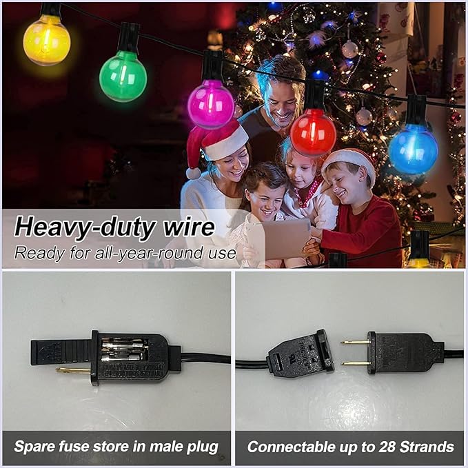 G40 LED Outdoor String Lights，25Ft Globe Multicolor Christmas Decorations String Lights with 27 Shatterproof LED Bulbs, Hanging Outdoor Patio Lights for Outside Backyard Porch Balcony Party- Black