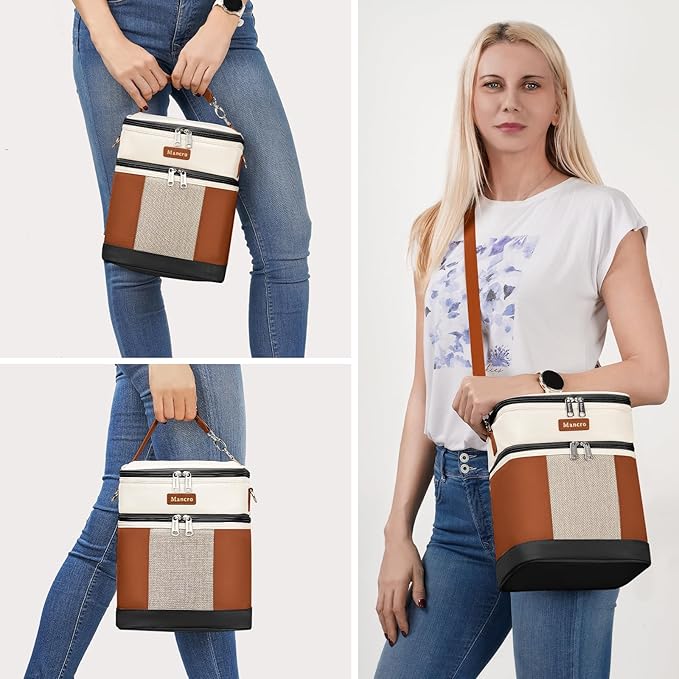 Mancro Breast milk Cooler Travel Bag Fits 6 Bottles Up to 9 Ounces，Double Layer Baby Bottle Cooler Bag with Ice Pack，Insulated Baby Bottle Bags for Daycare & Nursing Moms,Black and Brown