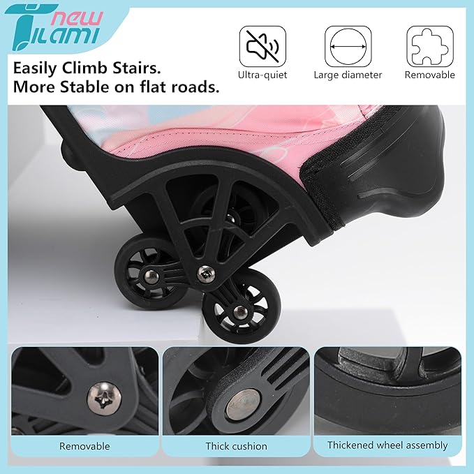 NEW TILAMI 18 inch Rolling Backpack for Girls – Waterproof, Large Capacity, Stair-Climbing Design, Adjustable Handle, Great for School, Pink Sunset