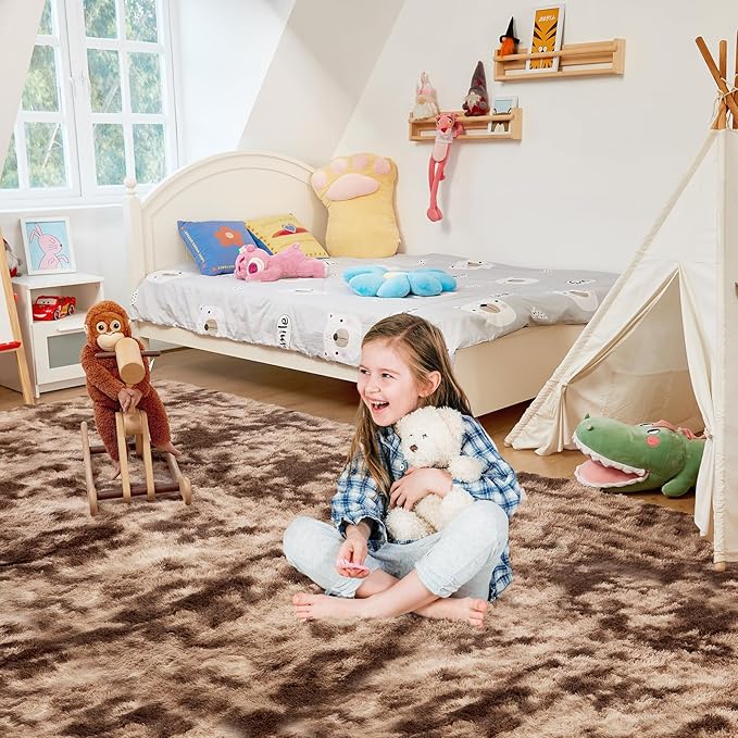 Ultra Soft Rug for Living Room, 9X12 Fluffy Shag Area Rug for Bedroom, Modern Shaggy Carpets Fuzzy Rug for Teens Dorm Nursery Home Decor Aesthetic, Upgrade Anti-Skid Durable, Tie-Dyed Coffee