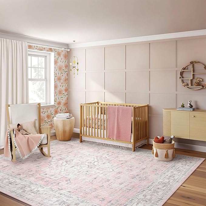 LIVEBOX Pink 8x10 Area Rug for Bedroom Girls, Boho Washable Rugs for Living Room Nursery, Non-Slip Indoor Soft Carpet Low-Pile Farmhouse Carpets for Dining Room Kids Playroom, Pink