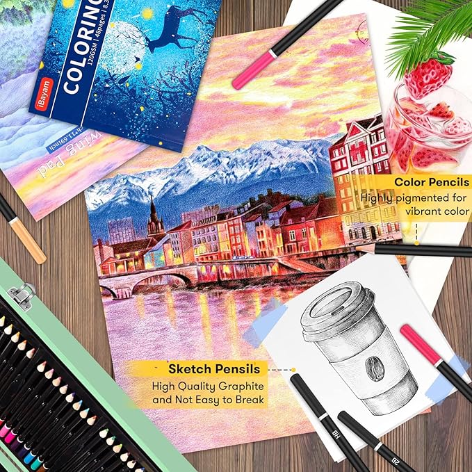 iBayam Art Supplies, 150-Pack Deluxe Wooden Art Set Crafts Drawing Painting Kit with 1 Coloring Book, 2 Sketch Pads, Creative Gift Box for Adults Artist Beginners Kids Girls Boys