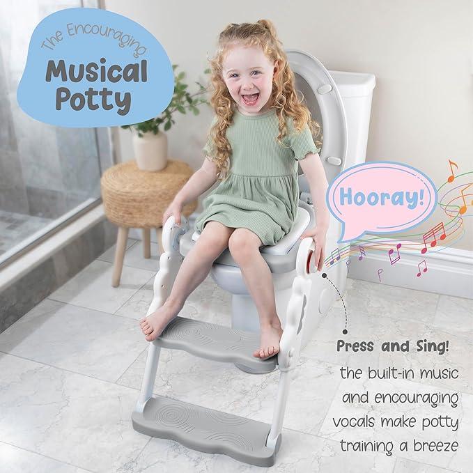 Musical & Sound Toddler Potty Training Seat w/Step Stool Ladder - Collapsible & Adjustable Toilet, Pre Assembled Toddler Toilet Seat w/Music & Sounds - Splash Guard & Anti-Slip Steps - Gray