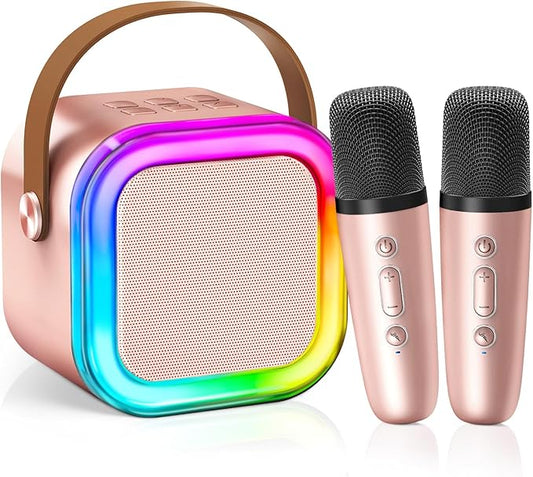 【2025 Newest】 Mini Karaoke Machine for Kids Girls & Boys - Portable Bluetooth Speaker with 2 Wireless Microphones - Kids Birthday Gifts for Ages 4-10 - Kids' Instrument Accessories - Rose Gold