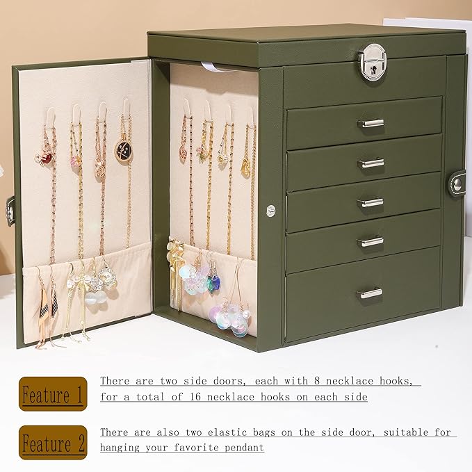 BOOVO Jewelry Box For women, 6 Layer Large Jewelry Organizer With Mirror, Multi-Function Storage Box With Lock, Accessory Holder With 5 Drawers, For Earrings Necklace Ring Bracelet (Army green)