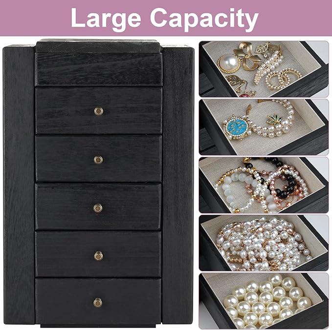 Meangood Jewelry Box Wood for Women, 6-Layer Large Organizer Box with Mirror & 5 Drawers for Rings, Earrings, Necklaces, Vintage Style, Black
