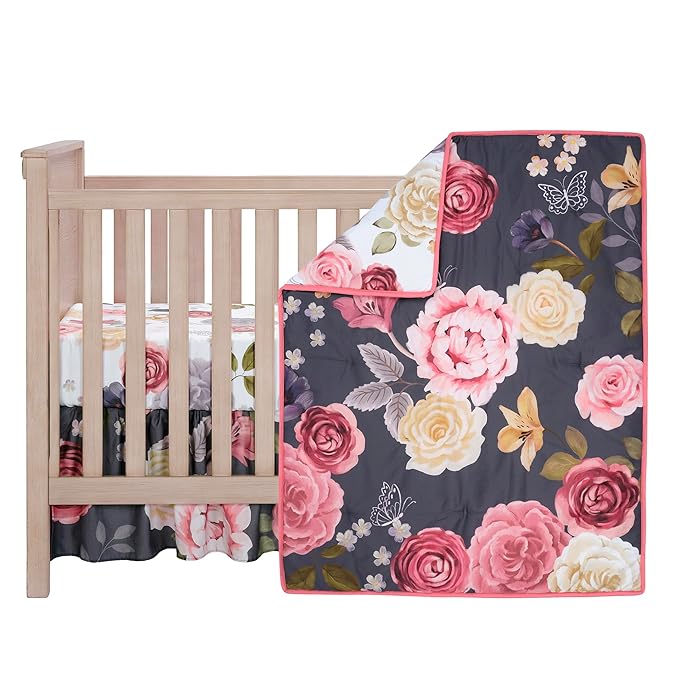 Lambs & Ivy Secret Garden Luxury Floral 3-Piece Cotton Sateen Crib Bedding Set