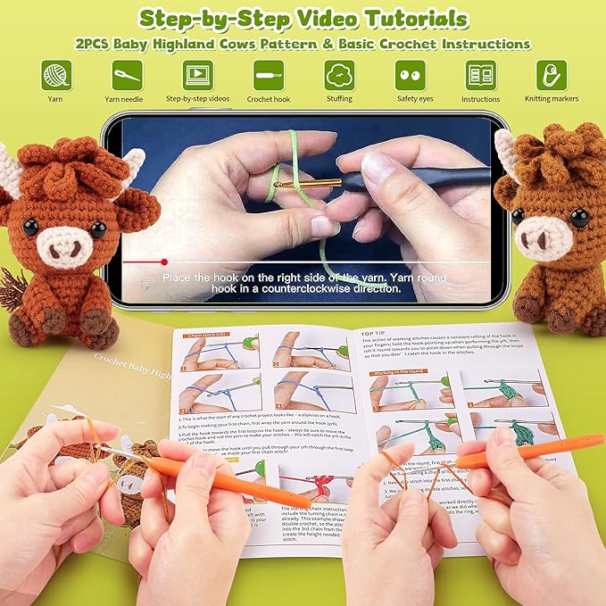 Highland Cow Crochet Kit for Beginners - 2PCS Animals Crochet Kit with Step-by-Step Video Tutorials, Highland Cows Crocheting Kit, Crochet Starter Kit for Kids and Adults, Stuffed Animal Knitting Kit