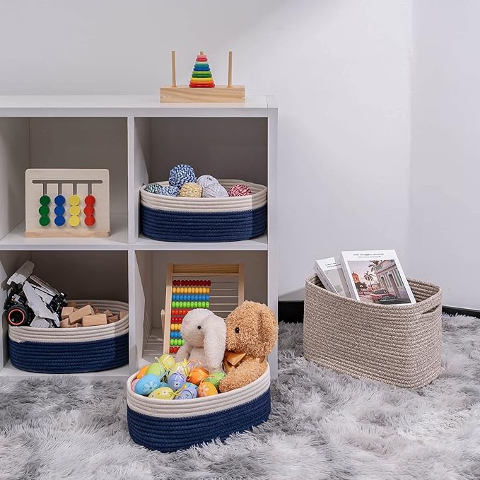 Off White&Navy Shelf Basket to Store and Organize Household Items/Baskets&Bins for Daily Storage &Organizing/Woven Rope Basket for Living Room, Bedroom,Small Oval-13x8.66x5.11’’,3 Packs