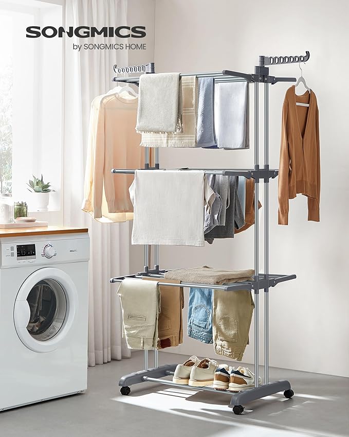 SONGMICS Clothes Drying Rack Stand 4-Tier, Foldable Laundry Drying Rack 68.1-Inch Tall, Steel, Rolling Clothes Horses Dryer Rack, Easy to Assemble, Indoor Outdoor Use, Dove Gray ULLR701G01