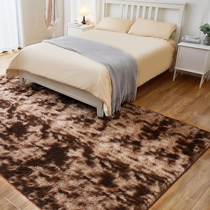 Fluffy Shag Area Rug, 4x5.8 Tie-Dyed Brown Rugs for Bedroom, Soft Plush Area Rugs for Living Room, Non-Slip Indoor Carpet for Nursery, Study Room, Dressing Room, Home Decor