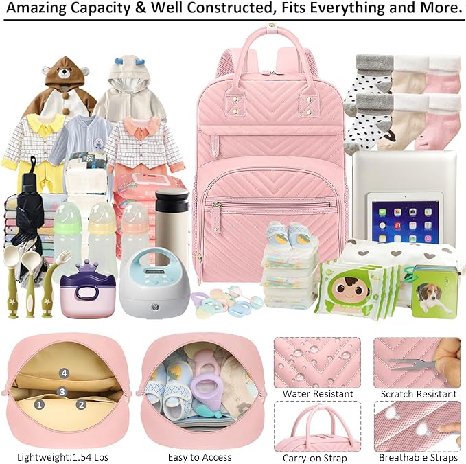 Diaper Bag Backpack Tote for Women Large Capacity, Baby Bag with Insulated Pockets Multifunctional Diaper Bags For Baby Girl Boy Waterproof Baby Bags For Boys Girls Maternity Bag Baby Pink