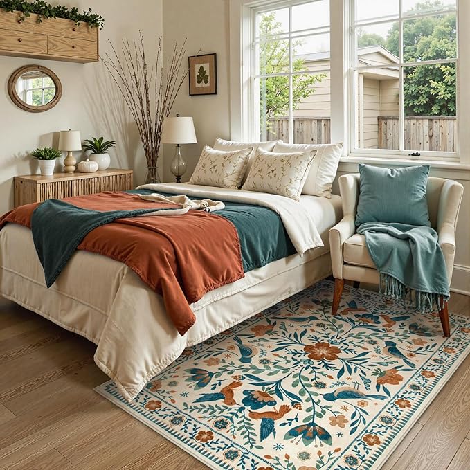 Moynesa Washable 3x5 Rug, Non Slip Kitchen Rugs Boho Bird Small Beige Living Room Area Carpet for Office Bedroom Bathroom, Indoor, Ultra Thin, Soft, Stain Resistant, Floral Entryway Mat
