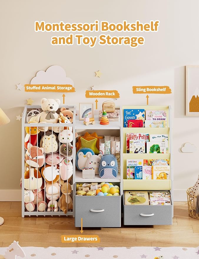 Kids Bookshelf and Toy Storage, Large 3 Tier Book Shelf for Kids Rooms, Sling Baby Bookcase with Stuffed Animal Storage, Toddler Montessori Bookshelf for Nursery, Playroom, Kindergarten