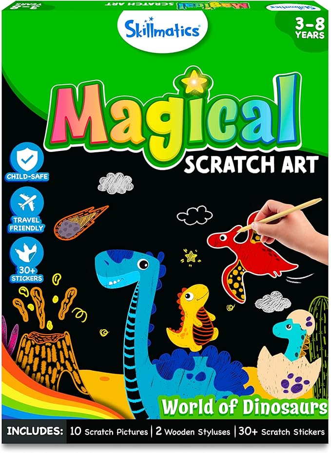 Skillmatics Scratch Art Book for Kids - Dinosaurs, Craft Kits & Supplies, 30+ Scratch Stickers, Travel Toys, DIY Kit, Gifts for Boys & Girls Ages 3, 4, 5, 6, 7, 8