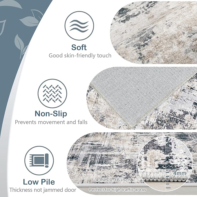 Area Rugs 5x7 Living Room: Washable Rug Modern Abstract Rugs Soft Non Slip Neutral Rug Stain Resistant Indoor Carpet for Bedroom Kitchen Dining Room Nursery Home Office Rugs(Black Brown,5'x7')