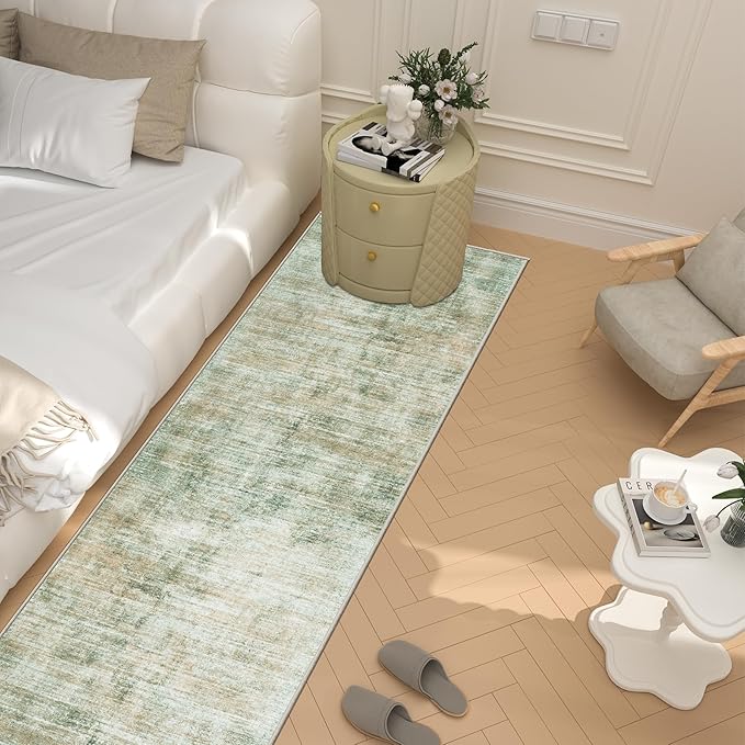 Washable Modern Abstract Kitchen & Hallway Runner Rug, 2'6''x8', Green with Non-Slip Backing