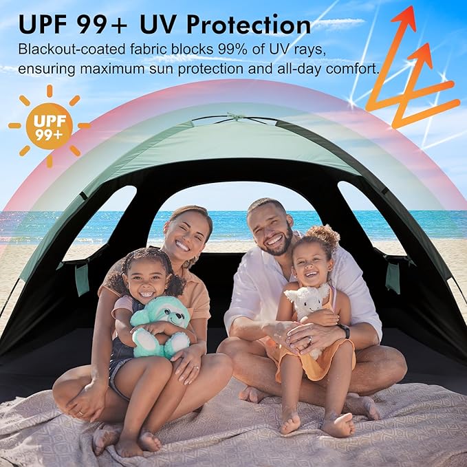 WhiteFang Beach Tent Anti-UV Portable Sun Shade Shelter for 3/4/6/8 Person, Extendable Floor with 3 Ventilating Mesh Windows Plus Carrying Bag, Stakes and Guy Lines