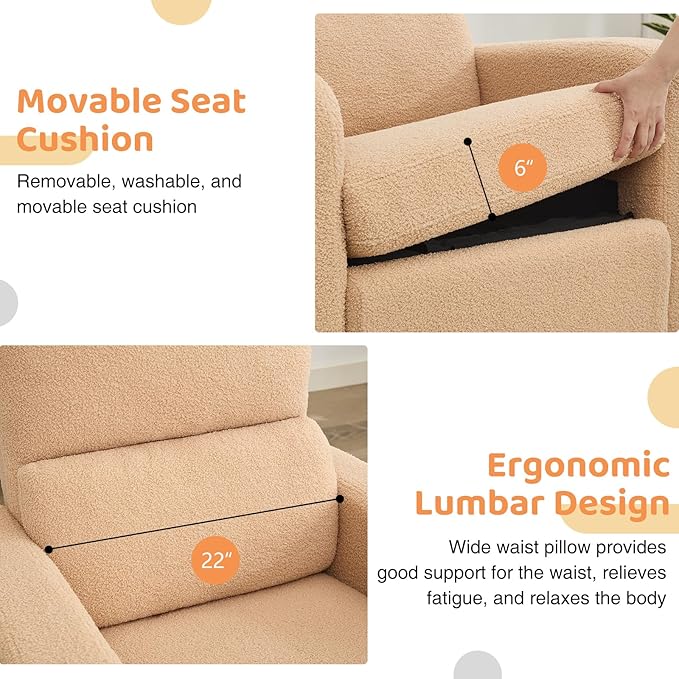 Swivel Rocker Recliner, Oversized Power Nursery Recliner Chair, Swivel Glider Reclienr with Removable Cushion, Upholstered Boucle Recling Chair for Nursery Living Room Bedroom, Teddy Camel