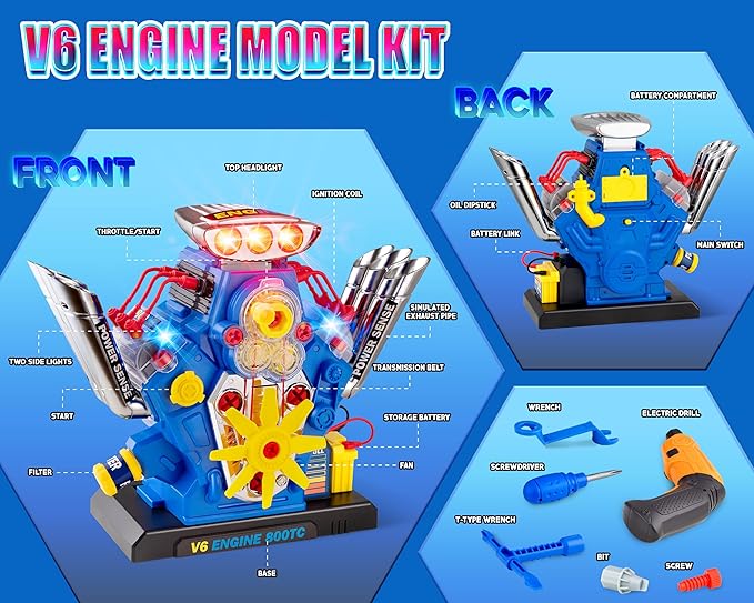 STEM New V6 Engine Model Building Kit，60-Piece Take Apart Toy with Realistic Lights & Sounds, Electric Drill & Tools - Mechanic Repair Playset for Kids Ages 3-5