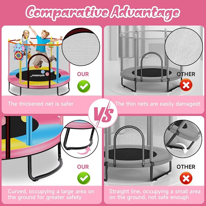 Pink Indoor Trampoline for Kids 2-5, 5ft Mini Indoor & Outdoor Small Toddler Trampoline with Net and Basketball Hoop
