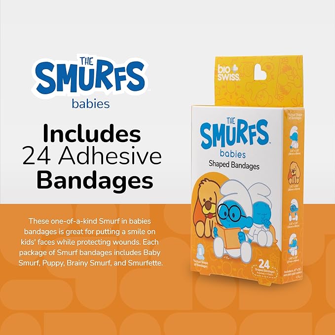 BioSwiss Bandages, The Smurfs Baby Smurf Shaped Self Adhesive Bandage, Latex Free Sterile Wound Care, Fun First Aid Kit Supplies for Kids and Adults, 24 Count Box