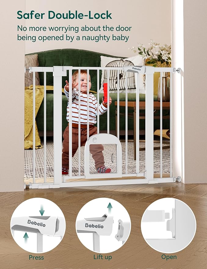 Babelio Baby Gate with Adjustable Cat Door,29-43" Auto Close Durable Pet door for Stairs,Doorways and House,Pressure Mounted,Easy Install,Effortless Walk Thru,White