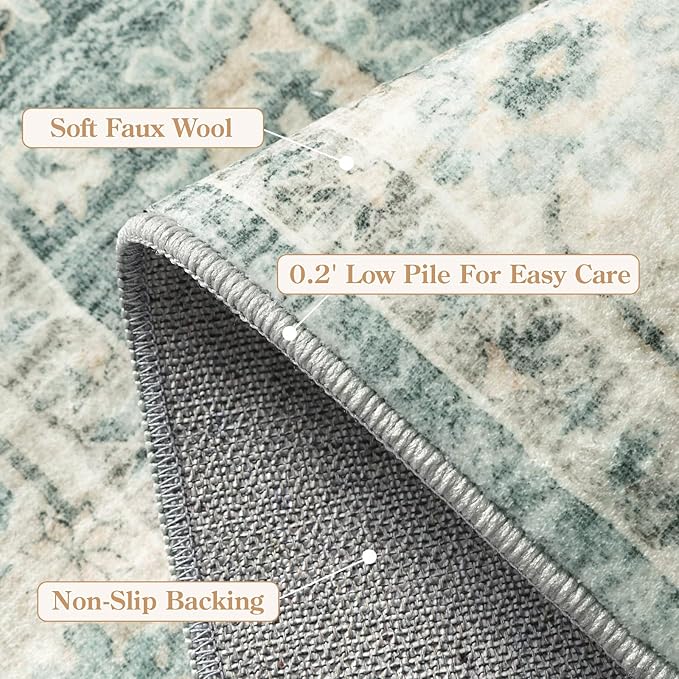 LIVEBOX Washable Area Rug 8x10 Rugs for Living Room Bedroom, Non-Slip Boho Indoor Carpet for Dining Room Office, Low-Pile Farmhouse Soft Carpets for Kids Nursery Playroom, Sage Green