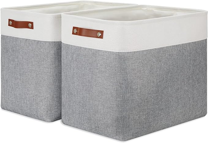 DULLEMELO Extra Large Storage Baskets, Fabric Storage Bins for Organizing Shelves Nursery Toys Books, Closet Baskets and Bins with Handles, White&Grey, 2-Pack