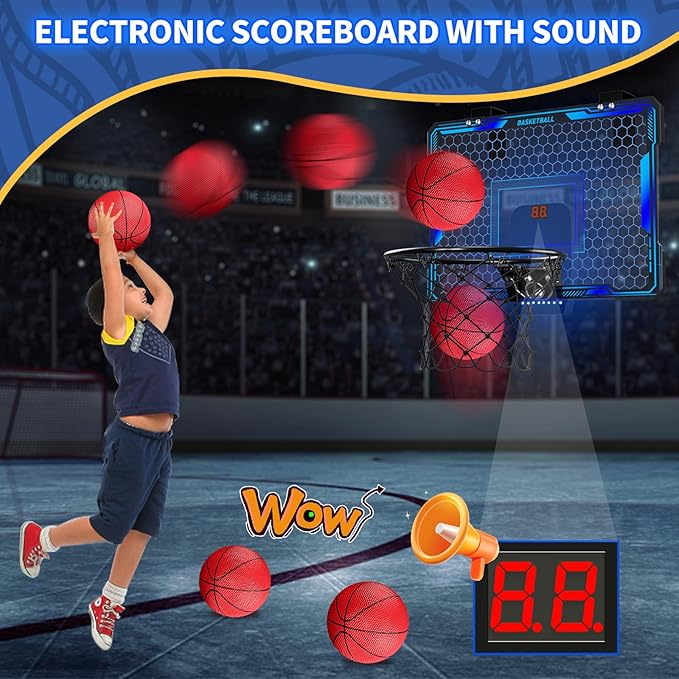 Remote Control Basketball Hoop Indoor with 7 LED Lighting, Mini Basketball Hoop with Electronic Scoreboard, 3 Modes, Over Door Basketball Hoop, Basketball Toys Sport Gifts for Kids, Adults (Blue)
