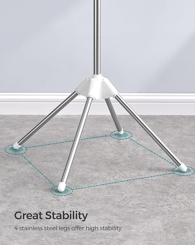 SONGMICS 3-Tier Clothes Drying Rack, 82.7-Inch Folding Laundry Drying Rack with 11 Rotatable Arms for Hangers, 24 Clips, Stainless Steel, for 27 Pieces of Clothes, White and Silver ULLR513W01