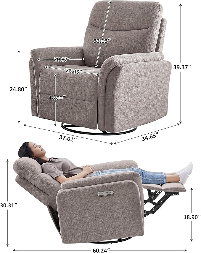 Power Recliner Chair Swivel Glider, Electric Rocking Recliner Chairs with USB and Type-C Ports, Nursery Chair Recliner for Living Room, Bedroom, Apartment（Light Brown）