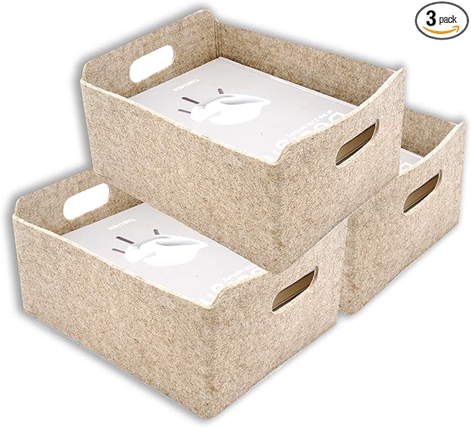 Welaxy Storage Baskets Collapsible Felt Storage bin Foldable Shelf Drawers Organizers for Kids Toys pet Toy magazine Books Clothes Closet Cabinet decluttering (Oatmeal x 3)