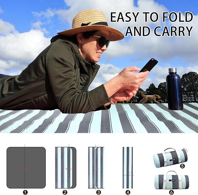 HX&OD Extra Large Picnic Outdoor Blanket, 80”x80” Waterproof Picnic Mat Foldable Camping Blanket Portable with Carry Strap for Beach Mat Outdoor Camping Party(Grey&Green)