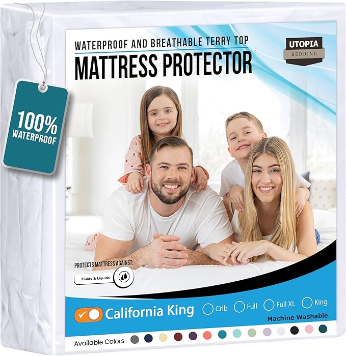 Utopia Bedding Waterproof Mattress Protector California King Size, Premium Terry Mattress Cover 200 GSM, Breathable, Fitted Style with Stretchable Pockets (White)
