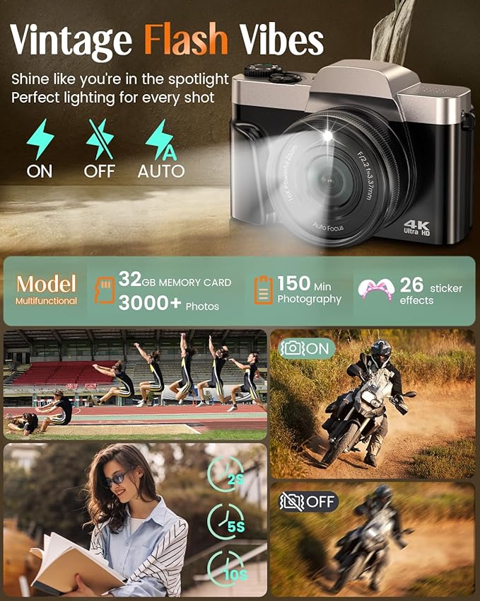 4K Digital Camera for Photography with WiFi,64MP Autofocus Vlogging Camera for YouTube,3'' 180° Flip Screen Compact Travel Camera for Teens with 32GB SD Card,16X Zoom,Anti-Shake,2 Batteries(Charcoal)