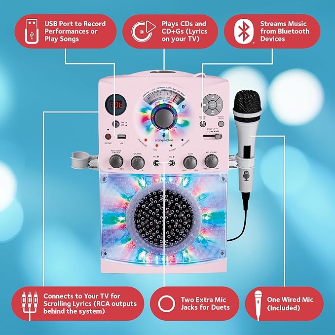 Singing Machine Portable Karaoke Machine for Adults & Kids with Wired Microphone, Rose Gold/Frosted Pink - Built-In Karaoke Speaker, Bluetooth with LED Disco Lights - Karaoke System with CD+G & USB