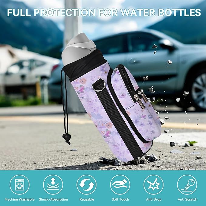 25/32/40/64oz Water Bottle Bag Holder Carrier-Insulated Crossbody Sling Case Sleeve with Strap & Pockets for Men Women Gym Cycling Travel Walking Hiking Camping
