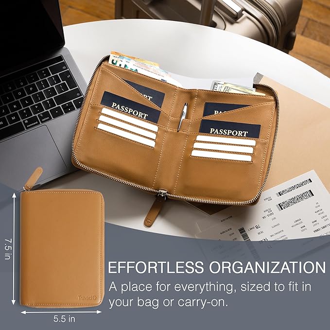 Full Grain Leather Family Passport Holder for 2-4 Passports - RFID Passport Holder and Travel Document Organizer - Large Leather Travel Wallet for Couples and Families - Camel