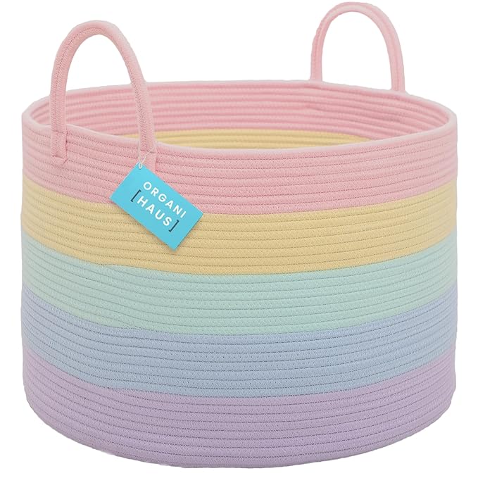 OrganiHaus Cute Basket for Pastel Rainbow Classroom Decor 20x13, Toy Basket Storage for Kids Room, Toy Bins for Kids Organizer, Large Blanket Basket Living Room, Rainbow Storage Bins, Nursery Hamper