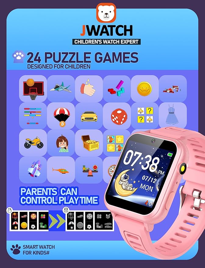 Kids Smart Watch for Boys Girls 6-12 with Pedometer Audio Book Camera Music Player Birthday Present Christmas (Pink