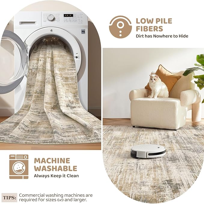 Area Rug for Living Room: 9x12 Washable Neutral Abstract Modern Soft Rugs Non Slip Indoor Floor Stain Resistant Large Carpet for Bedroom Dining Room Office Nursery - Golden Brown