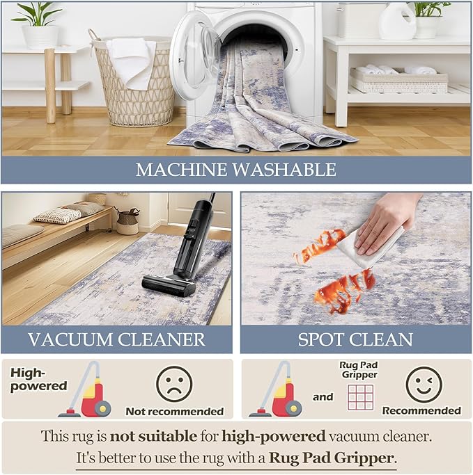 Washable Area Rugs 5'x7' Non-Slip Modern Abstract Soft for Living Room Entryway Bedroom Nursery, Print Pattern, Purple Grey Cream Yellow