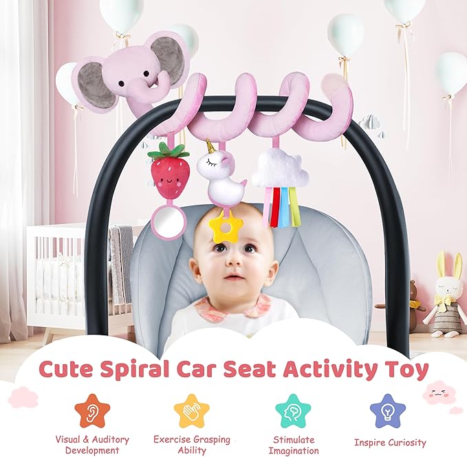 Stuffed Spiral Car Seat Toys for Baby Girls 0-6 Months, Perfect Newborn Gifts for Girls Essentials, Cute Pink Elephant Plush Items