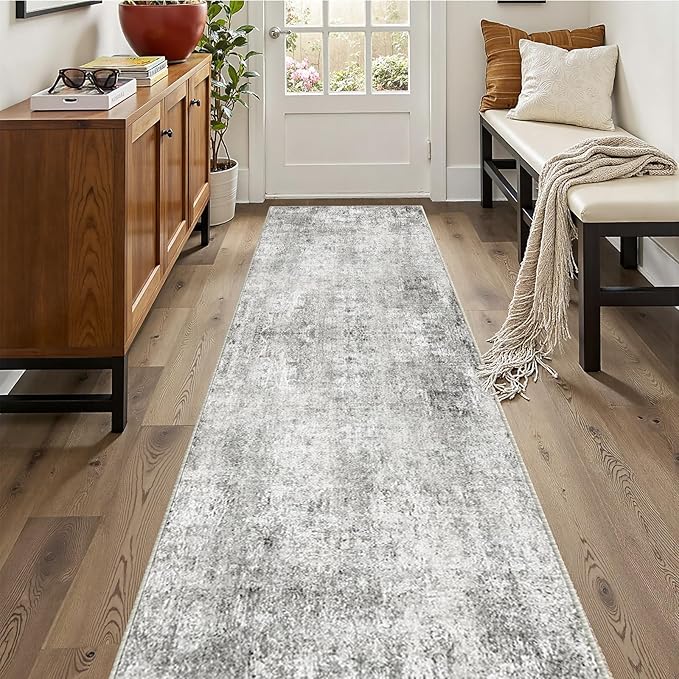 Washable Area Rugs 2'x10' Non-Slip Modern Abstract Soft for Living Room Entryway Bedroom Nursery, Print Pattern, Gray White Grey