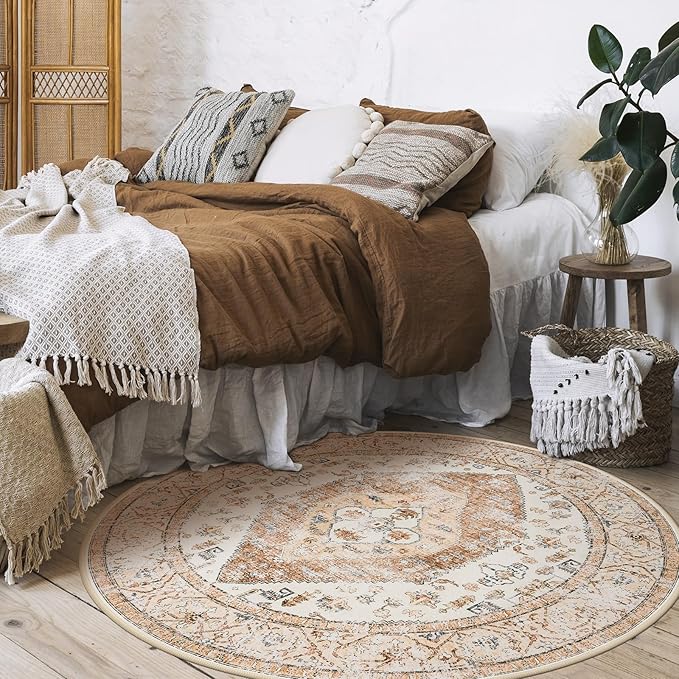 Lahome Boho Circle Rug - 6Ft Washable Round Area Rugs for Living Room Non-Slip Throw Dining Room Rug Large Round Carpet, Oriental Distressed Print Circular Mat for Office Classroom Bedroom Sofa