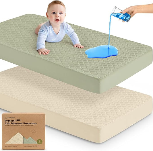 Waterproof Crib Mattress Protector Cover Fitted - 2-Pack Quiet Baby Crib Mattress Pad Sheets, 52" x 28" Soft Quilted Cotton Baby Sheet, Machine Washable, Easy Fit, Durable (Avocado/Mavy)