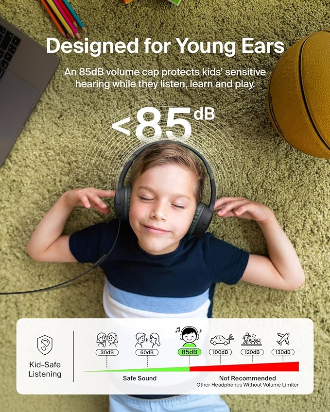 Belkin SoundForm Mini Kids Wired Headphones w/USB C to 3.5mm Dongle, Built-in Mic & Fun Stickers, 85dB Max Volume – for Online Learning, Travel, Compatible w/iPhone 16, iPad, Galaxy S25, etc - Black