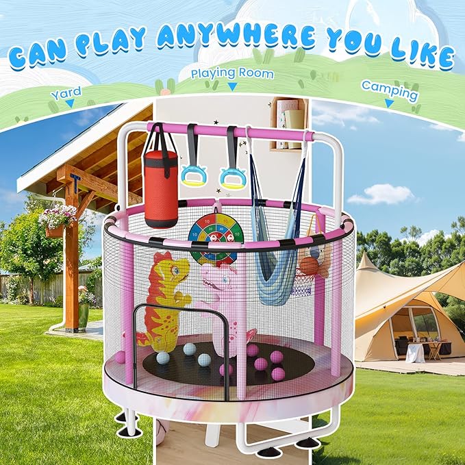 LAMERGE 55" 7-in-1 Round Trampoline for Kids Boys & Girls Ages 1-8, Indoor & Outdoor Trampoline for Fun, Adjustable Height Handrail ＆ Enclosed Safety Net ＆ Durable Designs for Toddlers Children