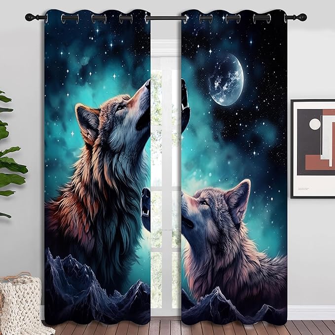 Wolf Blackout Curtains for Boys Girl Bedroom Decor,Starry Sky Howling Wolf Under The Full Moon Thermal Insulated Grommet Drapes Darkening Window Curtain for Living Room Home 84x84 inch